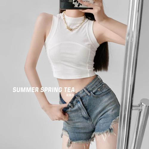 Summer and spring tea babes design sense niche stand-up collar vest women's inner wear short bottoming strap sleeveless top summer tide