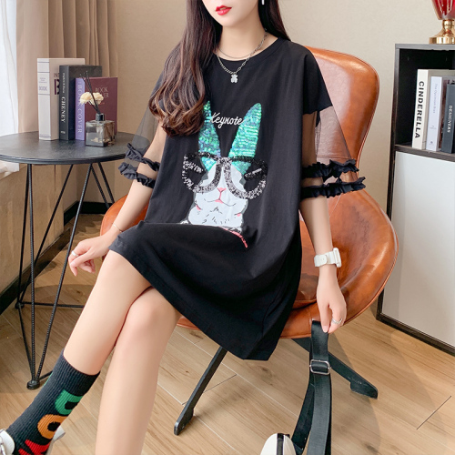 Real shooting street trend Korean version of cotton  new mesh stitching sequins short-sleeved t-shirt women's large size women's clothing