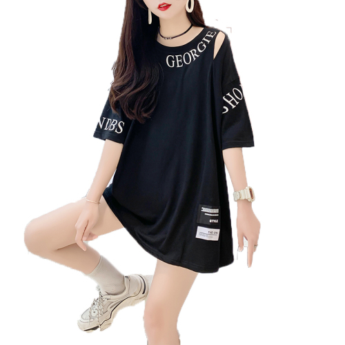 Real shooting fried street trend Korean version 65 cotton mid-length new print off-the-shoulder short-sleeved t-shirt women's large size women's top