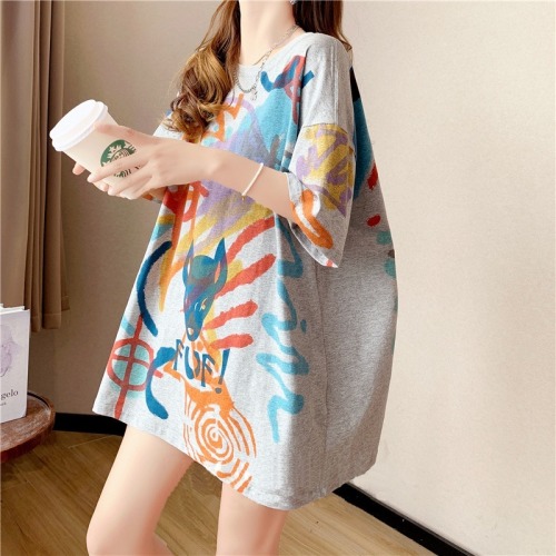 Fried street cotton short-sleeved t-shirt women's summer mid-length trendy Korean version of the round neck print new top plus size women's clothing