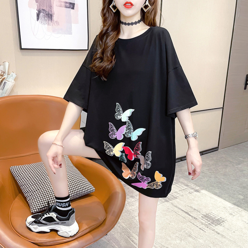 Real shot 6535 cotton  summer sexy lace backless round neck butterfly print short-sleeved T-shirt