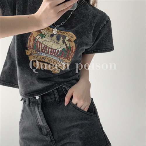 Official Picture Net Price 6535 Cotton American Vintage Coconut Tree T-Shirt Female Sleeve High Waist Navel Short Top