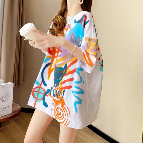 Fried street cotton short-sleeved t-shirt women's summer mid-length trendy Korean version of the round neck print new top plus size women's clothing