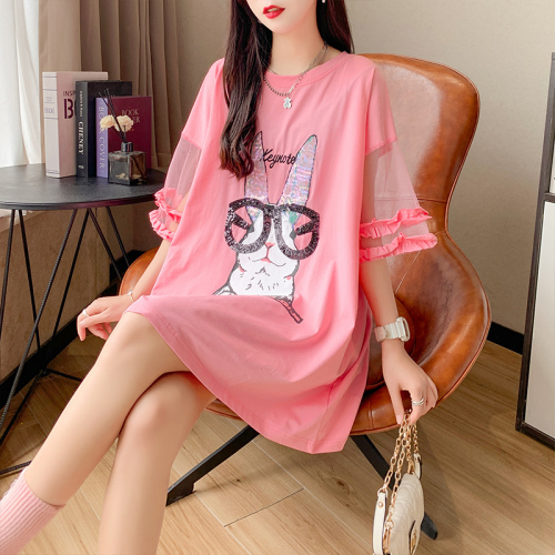 Real shooting street trend Korean version of cotton  new mesh stitching sequins short-sleeved t-shirt women's large size women's clothing