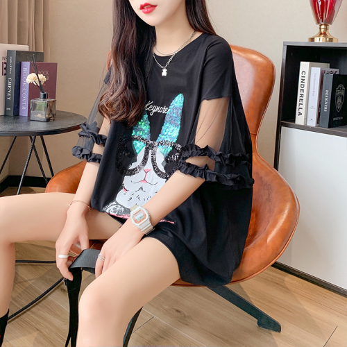 Real shooting street trend Korean version of cotton  new mesh stitching sequins short-sleeved t-shirt women's large size women's clothing