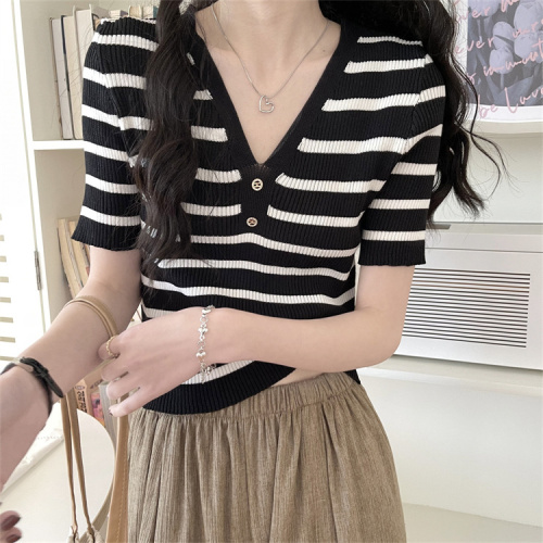 Real price French v-neck striped sweater women's summer sweet ice silk short-sleeved t-shirt Japanese top