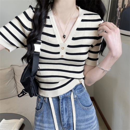 Real price French v-neck striped sweater women's summer sweet ice silk short-sleeved t-shirt Japanese top