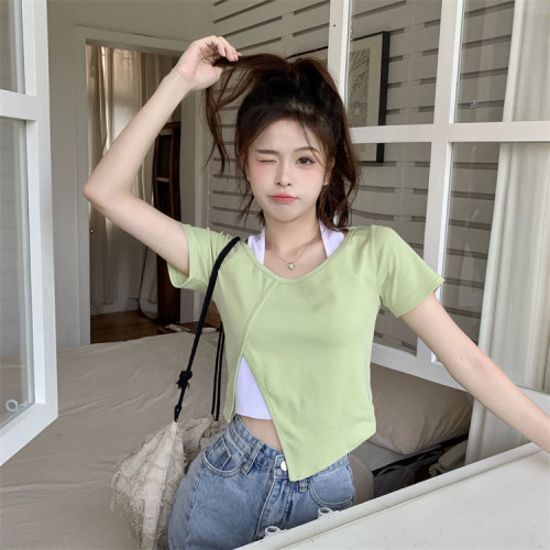 Fake two-piece halter neck T-shirt women's summer design hot girl slim slim irregular top