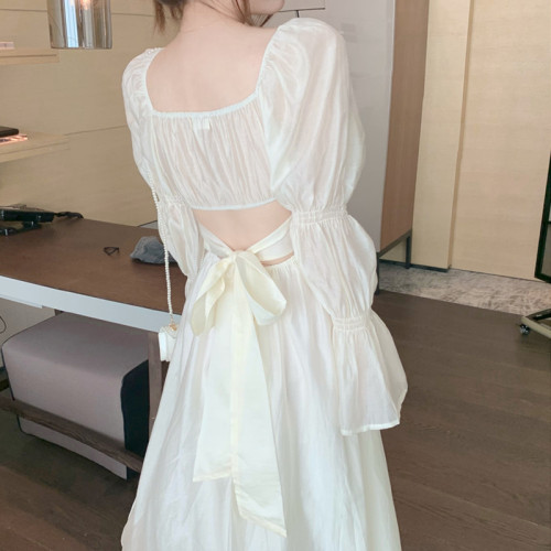 Real price real shot 2023 French square collar chiffon tie backless long-sleeved Korean version of the careful machine all-match dress