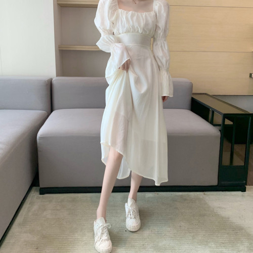 Real price real shot 2023 French square collar chiffon tie backless long-sleeved Korean version of the careful machine all-match dress