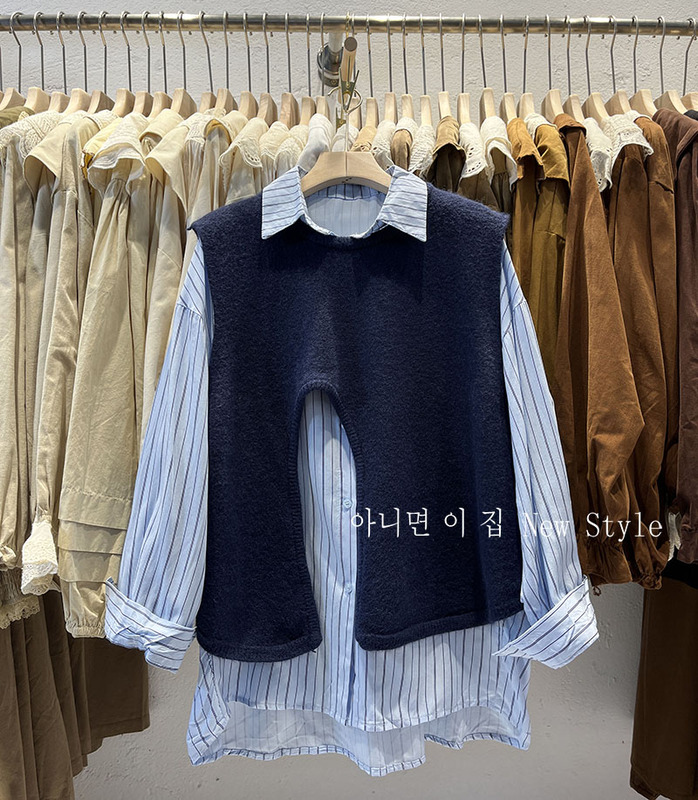 Polo collar striped shirt women + hem arc slit vest layered 2-piece suit Japanese gentle preppy style