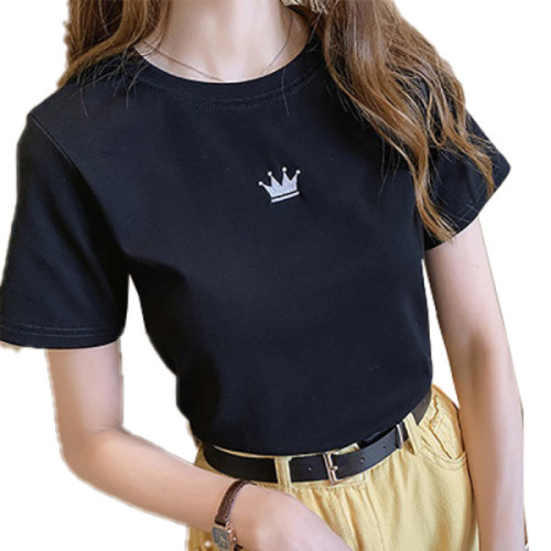 Summer New Slim Embroidery Round Neck Short Sleeve T-Shirt Women's Wear Student Ladies Bottom Tops