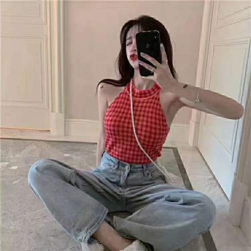 Real price ghost horse girl Korean retro sweet foreign style age-reducing houndstooth all-match self-cultivation halter neck camisole