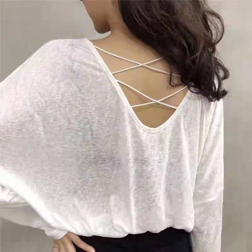 Spot 2023 summer women's new Korean version of the backless careful machine black and white striped long-sleeved loose T-shirt women