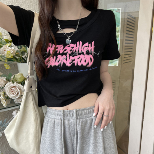 American hot girl hollow short T-shirt female summer design sense of self-cultivation short-sleeved student top