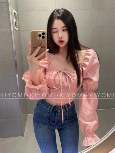 KIYOMI2023 spring new hot girl sexy one-shoulder short top female puff sleeve tie plaid shirt