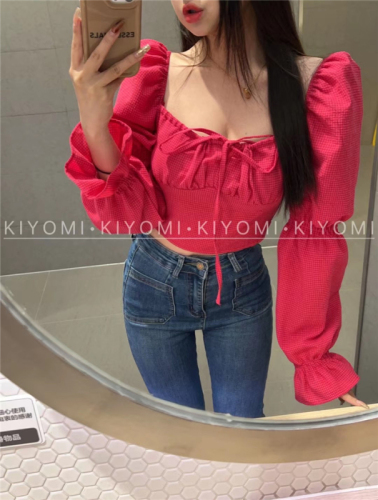 KIYOMI2023 spring new hot girl sexy one-shoulder short top female puff sleeve tie plaid shirt