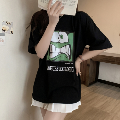 Real shot 200g combed 100% cotton summer short-sleeved T-shirt women's printed loose Korean summer top