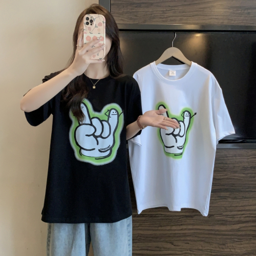 Real shot 200g combed 100% cotton summer short-sleeved T-shirt women's printed loose Korean summer top