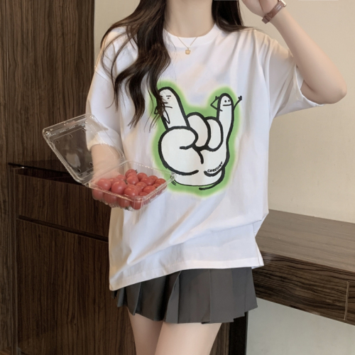 Real shot 200g combed 100% cotton summer short-sleeved T-shirt women's printed loose Korean summer top