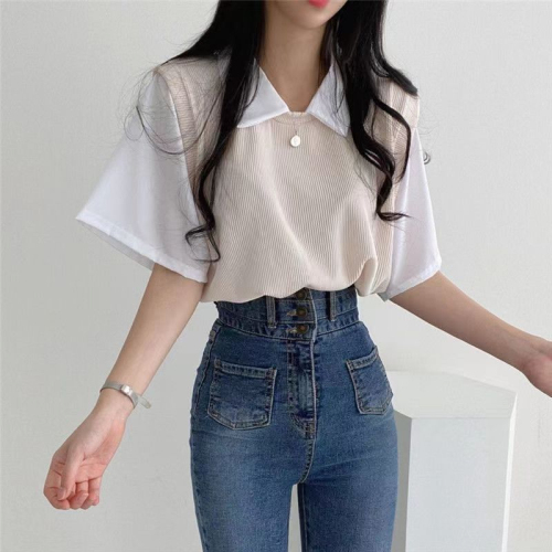 Snake bone pattern polo lapel fake two-piece college style contrast color short-sleeved T-shirt female