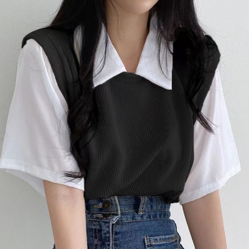 Snake bone pattern polo lapel fake two-piece college style contrast color short-sleeved T-shirt female