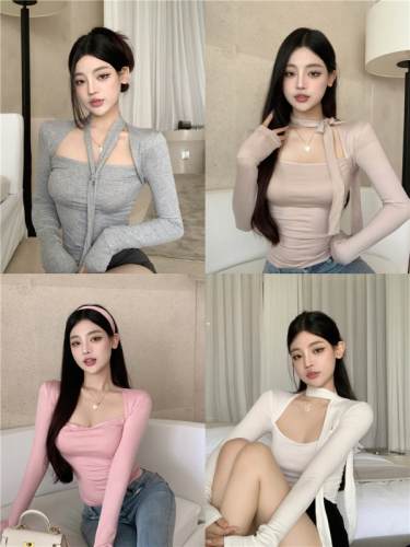 Real shot real price pure desire hot girl soft skin-friendly square neck collarbone showing thin streamer long-sleeved T-shirt