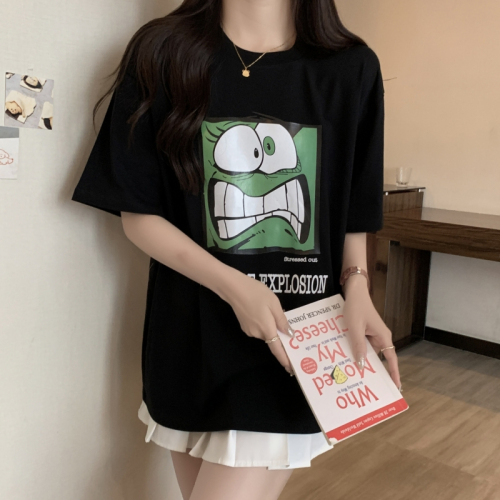 Real shot 200g combed 100% cotton summer short-sleeved T-shirt women's printed loose Korean summer top