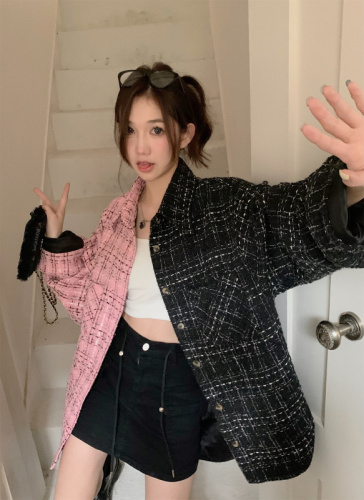 Real price real price 2023 spring new small fragrance stitching plaid woven shirt long-sleeved jacket female