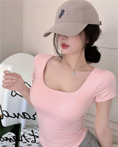 Real price big u-neck short-sleeved T-shirt women's summer self-cultivation slimming pure desire bm style short bottoming top with chest pad