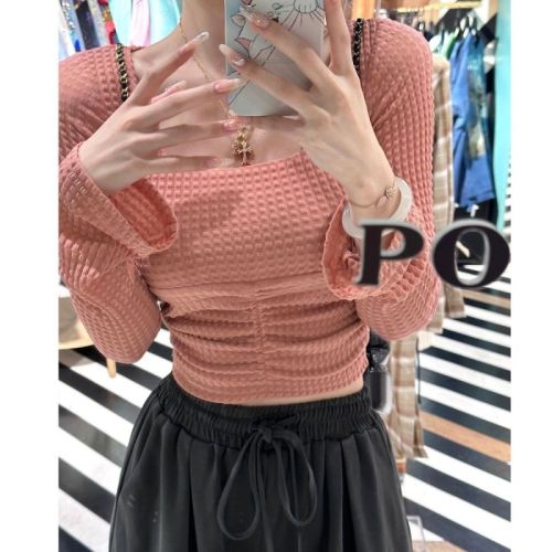 Square collar French design sense small crowd sweet hot girl long-sleeved t-shirt pure desire top folds self-cultivation spring and autumn bottoming shirt