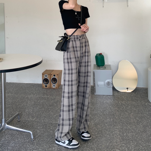 Real shot Spring new loose high waist thin straight casual wide leg pants suit trousers