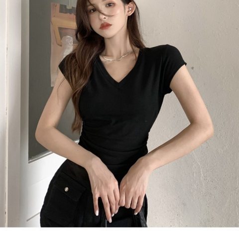Pure desire style v-neck short-sleeved T-shirt women's dress slimming design sense student solid color top trend