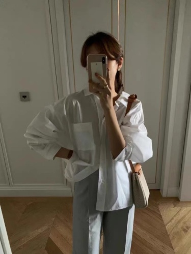 Official image net price Korean chic style new style simple and versatile loose long-sleeved shirt
