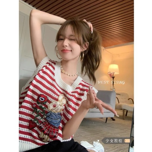 Rabbit striped hollow knitted vest sling women's outer wear summer new style outer wear loose sleeveless top ins tide