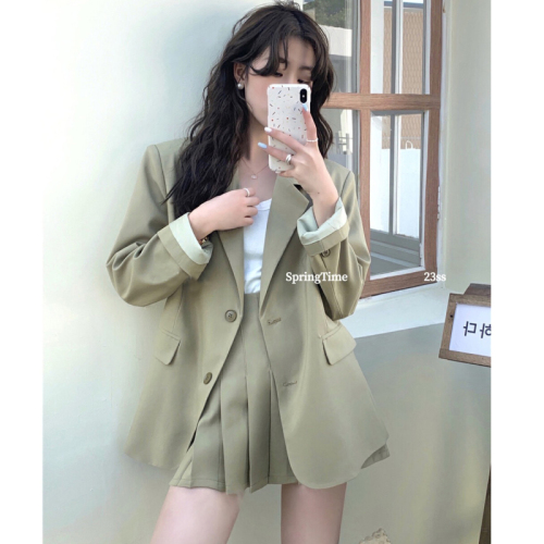 Korean style suit suit  new spring and autumn age-reducing single-breasted suit jacket + pleated skirt two-piece set