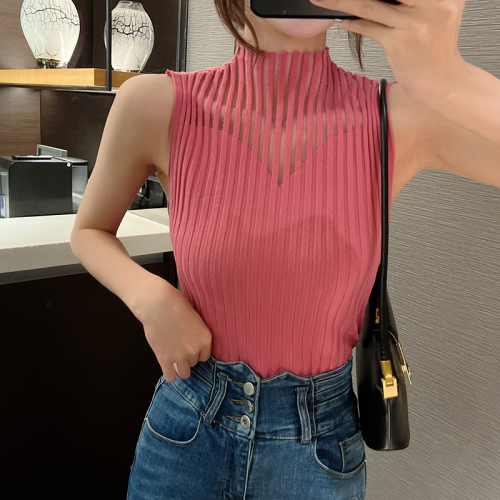 Half-high collar hollow-knit camisole mesh splicing inner strap sweater vest tight-fitting sleeveless mid-collar bottoming