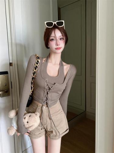 Real price real price Spring new hanging neck waist strap chic slim fake two-piece long-sleeved top women
