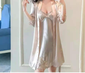 [with chest pad] summer ice silk nightgown women's two-piece suspender nightdress sexy home service Korean version of spring and autumn pajamas