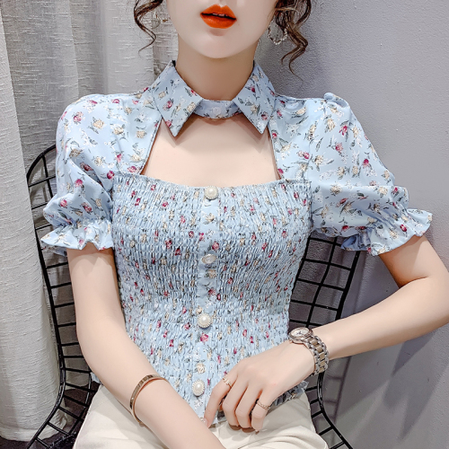 real shot!  2023 summer new Korean style lace shirt top short-sleeved foreign style small shirt short section