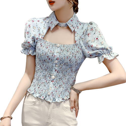 real shot!  2023 summer new Korean style lace shirt top short-sleeved foreign style small shirt short section