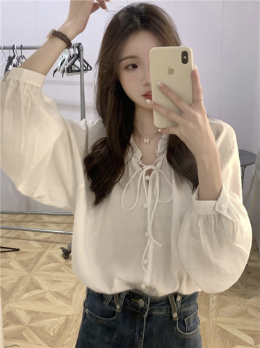 Real price real price French lantern sleeve doll shirt women  Korean version of niche design sense of meat and thin shirt