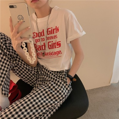 Harajuku style round neck letter printing short-sleeved T-shirt female summer Hong Kong flavor all-match student loose short top ins tide