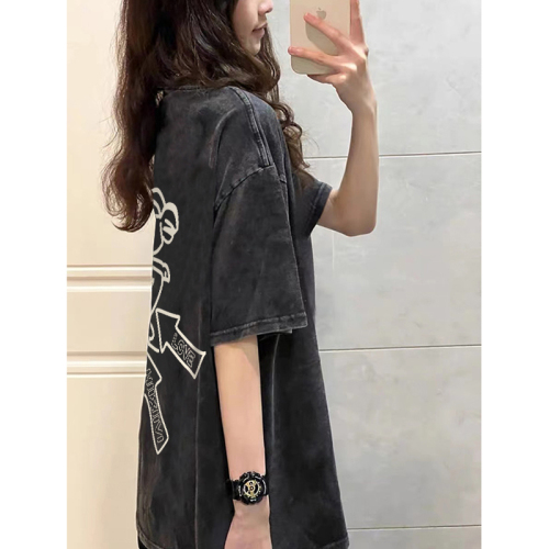 Douyin hot style 220g back bag spring and summer pure cotton large size washed black short-sleeved T-shirt for women