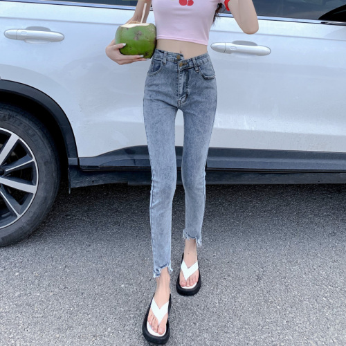 Real shot#Large size jeans women's high waist elastic self-cultivation looks thin and high Hong Kong style tight feet pencil nine-point pants
