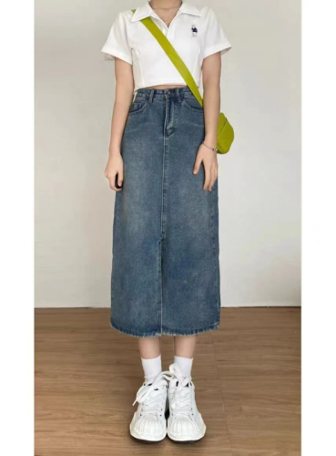 Retro denim skirt women's summer  new design mid-length skirt high waist slimming slit a-line skirt