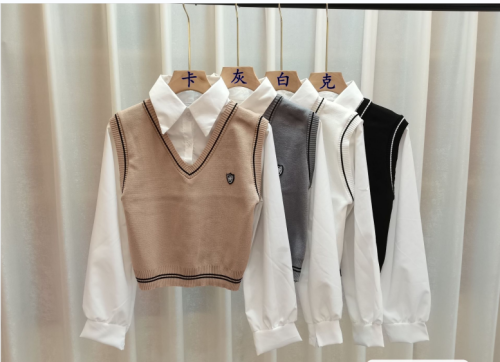 New style small college style POLO collar vest fake two-piece long-sleeved top