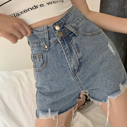 Real shot #summer new Korean version design sense bombing street hole denim shorts female fat sister loose and thin a-line pants