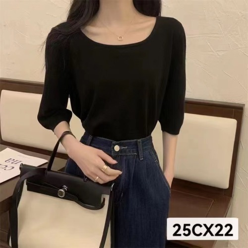 French square collar short-sleeved knitted sweater women's summer 2023 new high-end bottoming shirt loose chic upper clothes