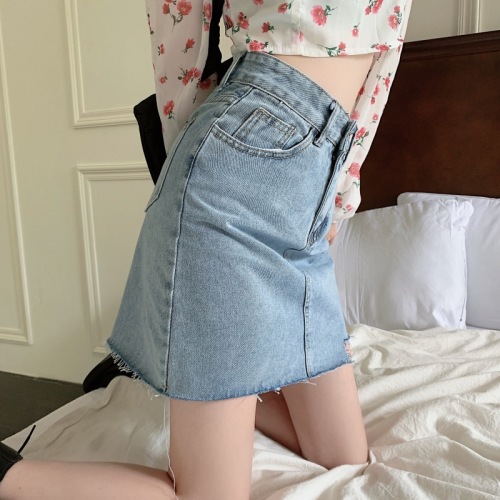 Real shot#Korean version of the denim skirt female high waist large size fat mm slim leg long package hip A word retro skirt tide